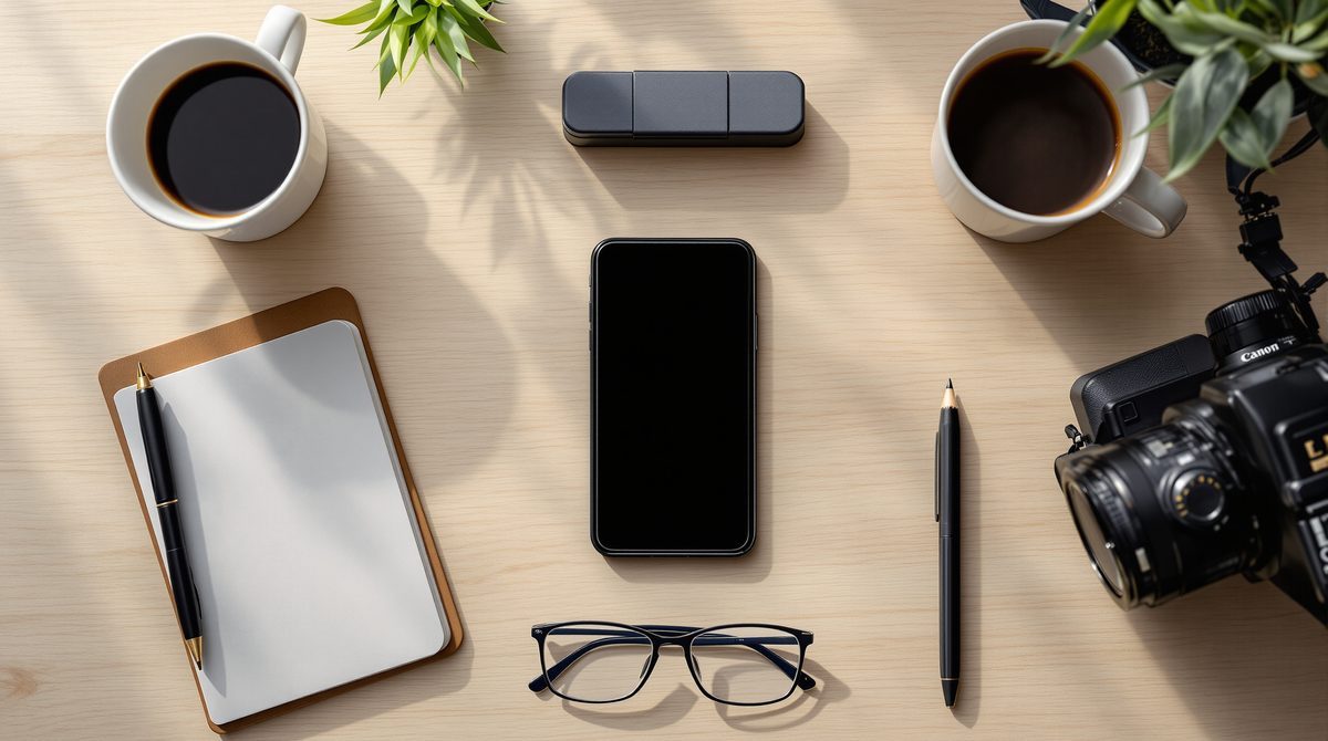Flatlay mit Smartphone, Kamera und Notizbuch zur Vorbereitung einer Über-mich-Seite